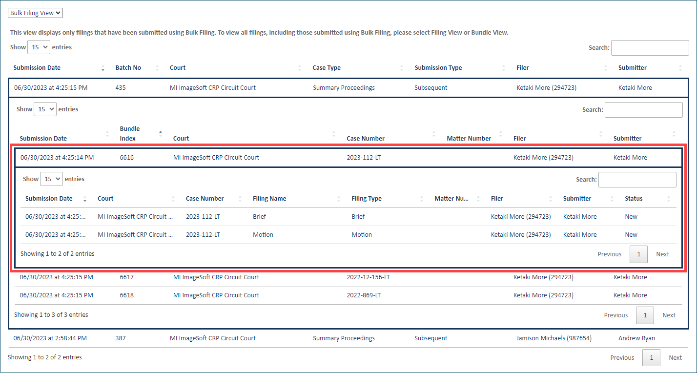 Click a bundle to display its filings History page - Bulk Filing View - bundle expanded